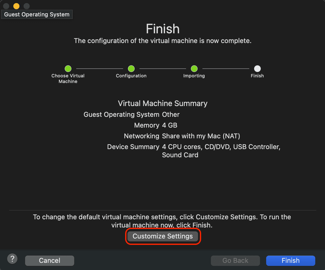 Hacer clic en Personalizar ajustes en la pantalla Finalizar