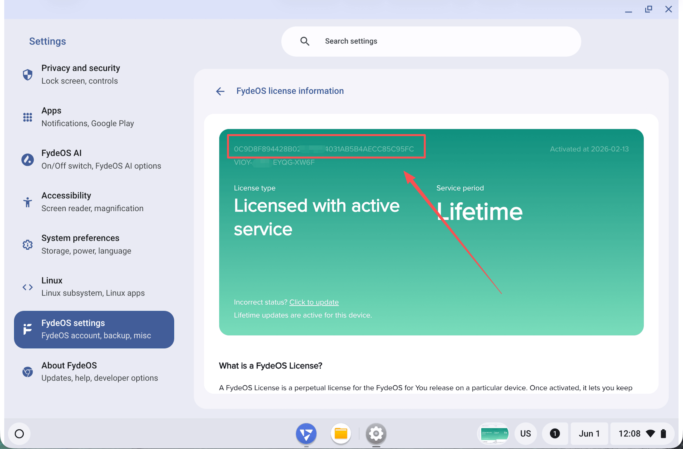 License ID location in FydeOS Settings
